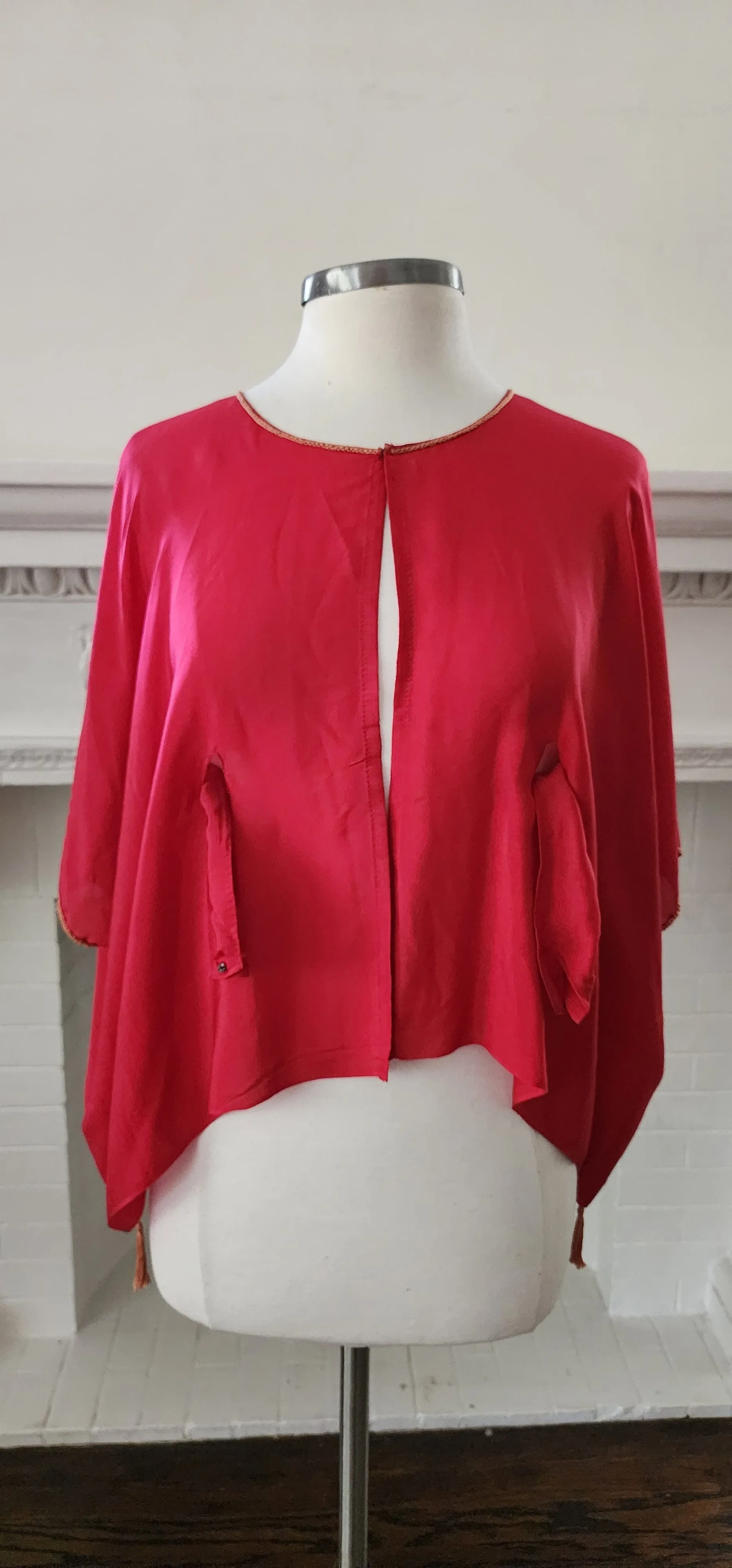 20s Red Silk Blouse Tunic w/Front Belt Sash