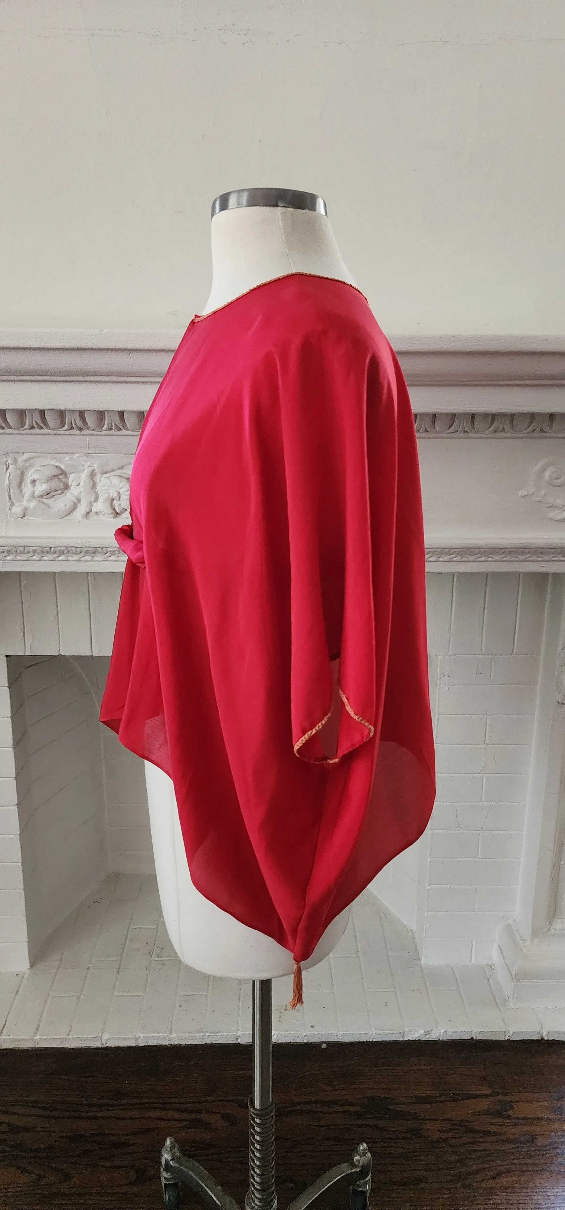 20s Red Silk Blouse Tunic w/Front Belt Sash