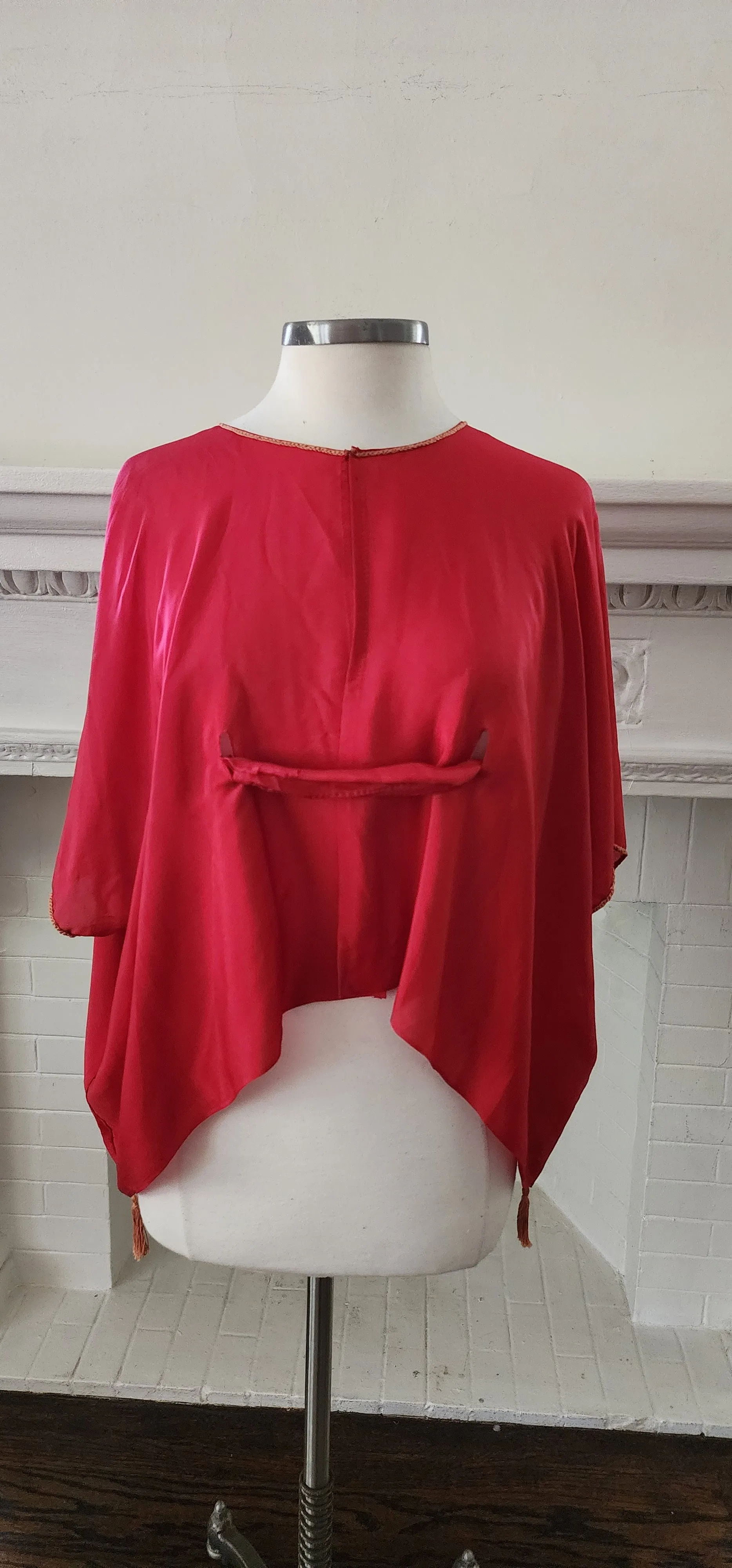 20s Red Silk Blouse Tunic w/Front Belt Sash