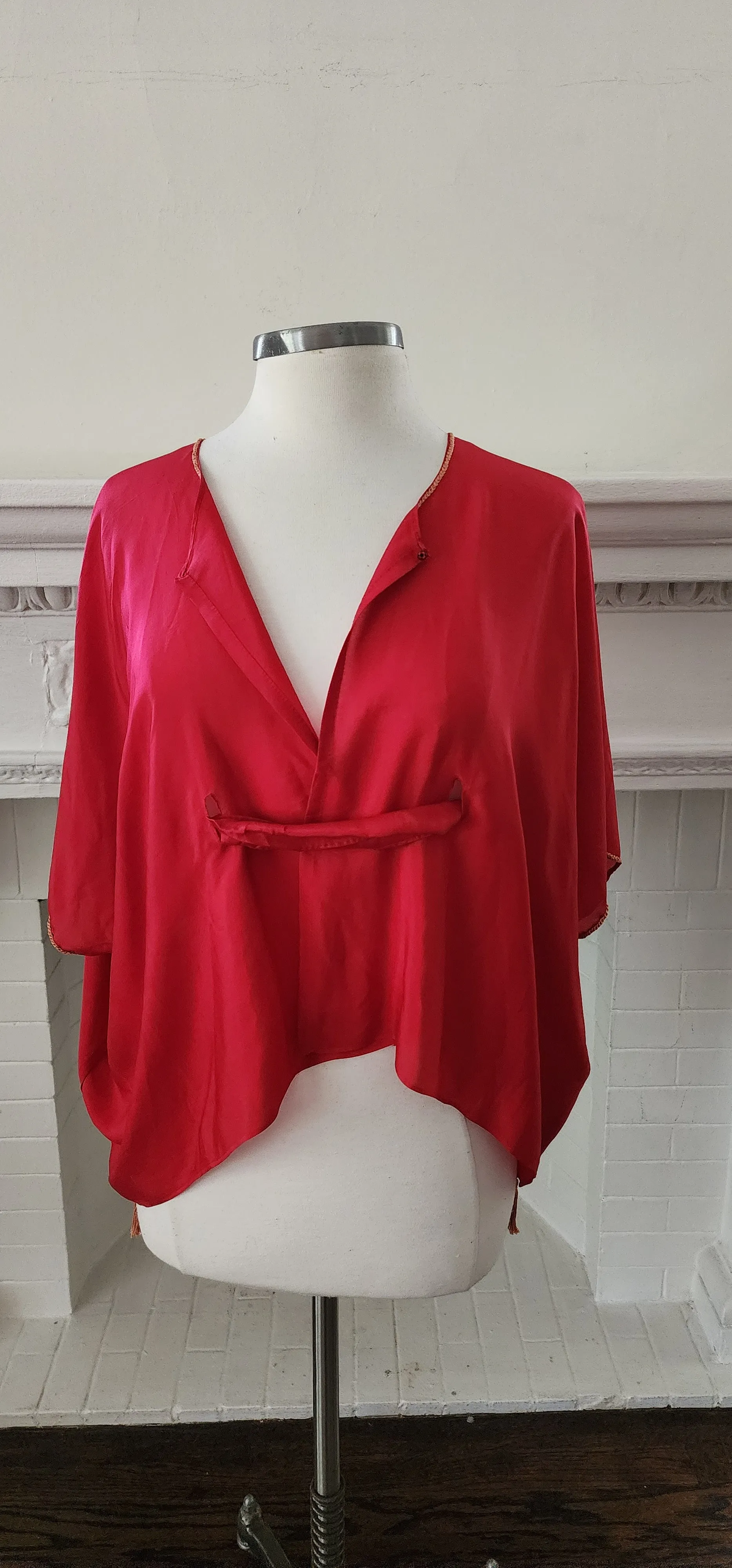 20s Red Silk Blouse Tunic w/Front Belt Sash