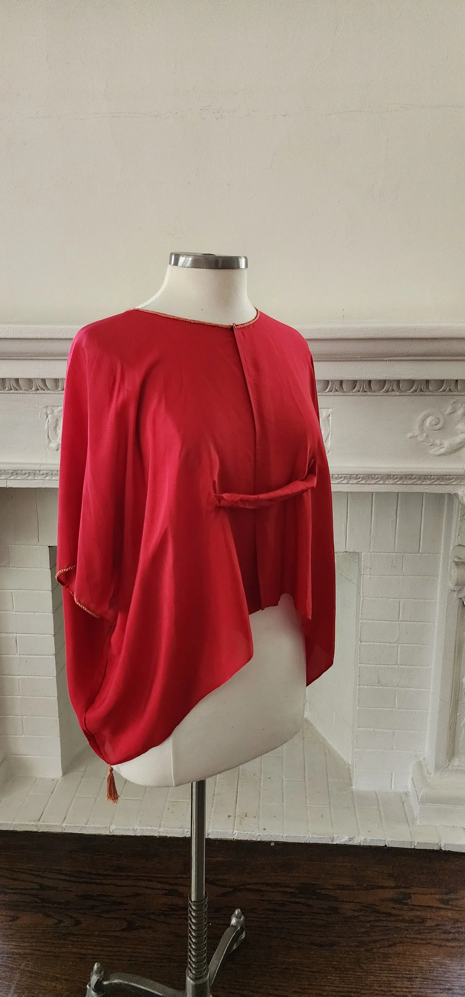 20s Red Silk Blouse Tunic w/Front Belt Sash