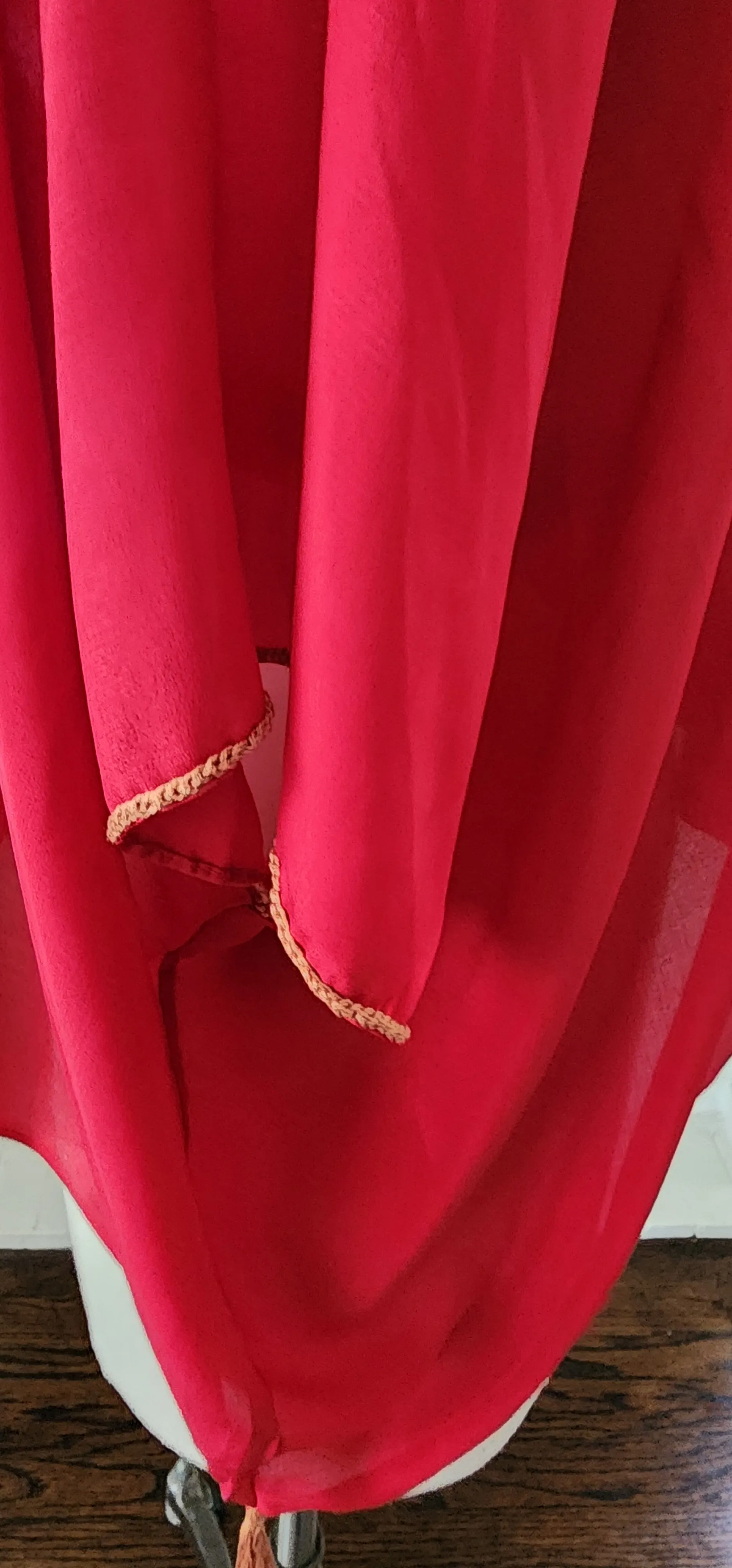 20s Red Silk Blouse Tunic w/Front Belt Sash