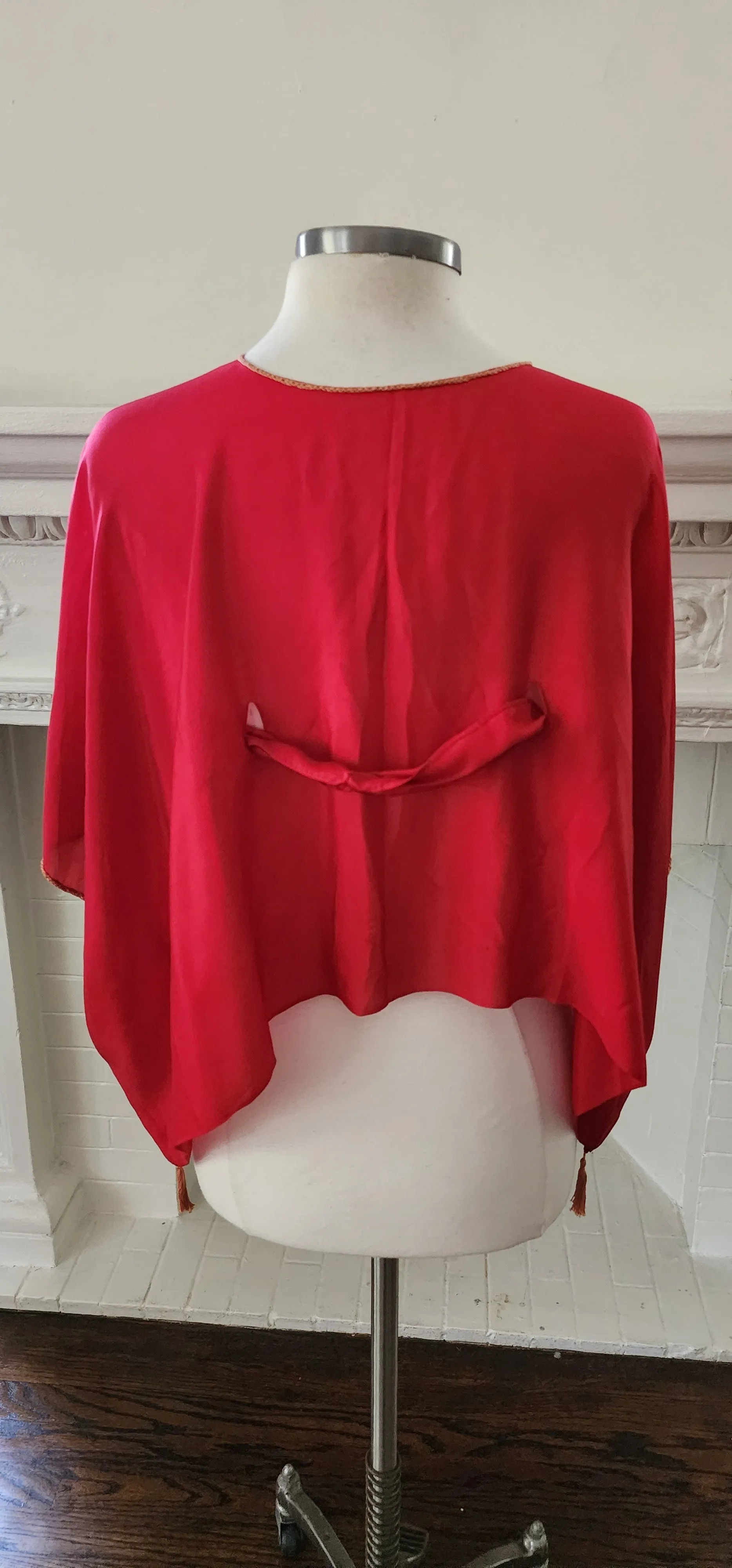 20s Red Silk Blouse Tunic w/Front Belt Sash