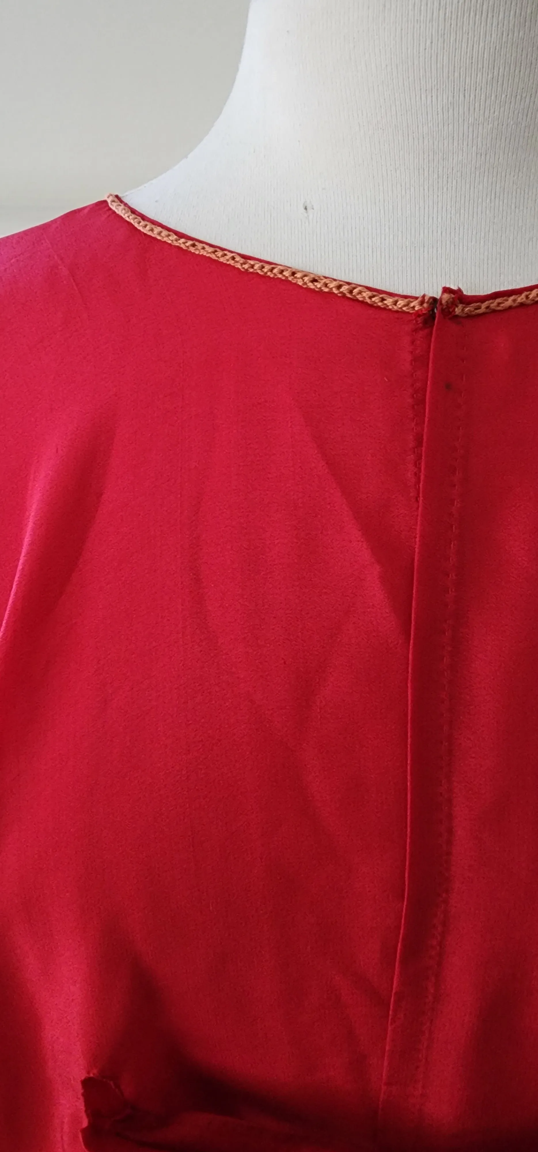 20s Red Silk Blouse Tunic w/Front Belt Sash