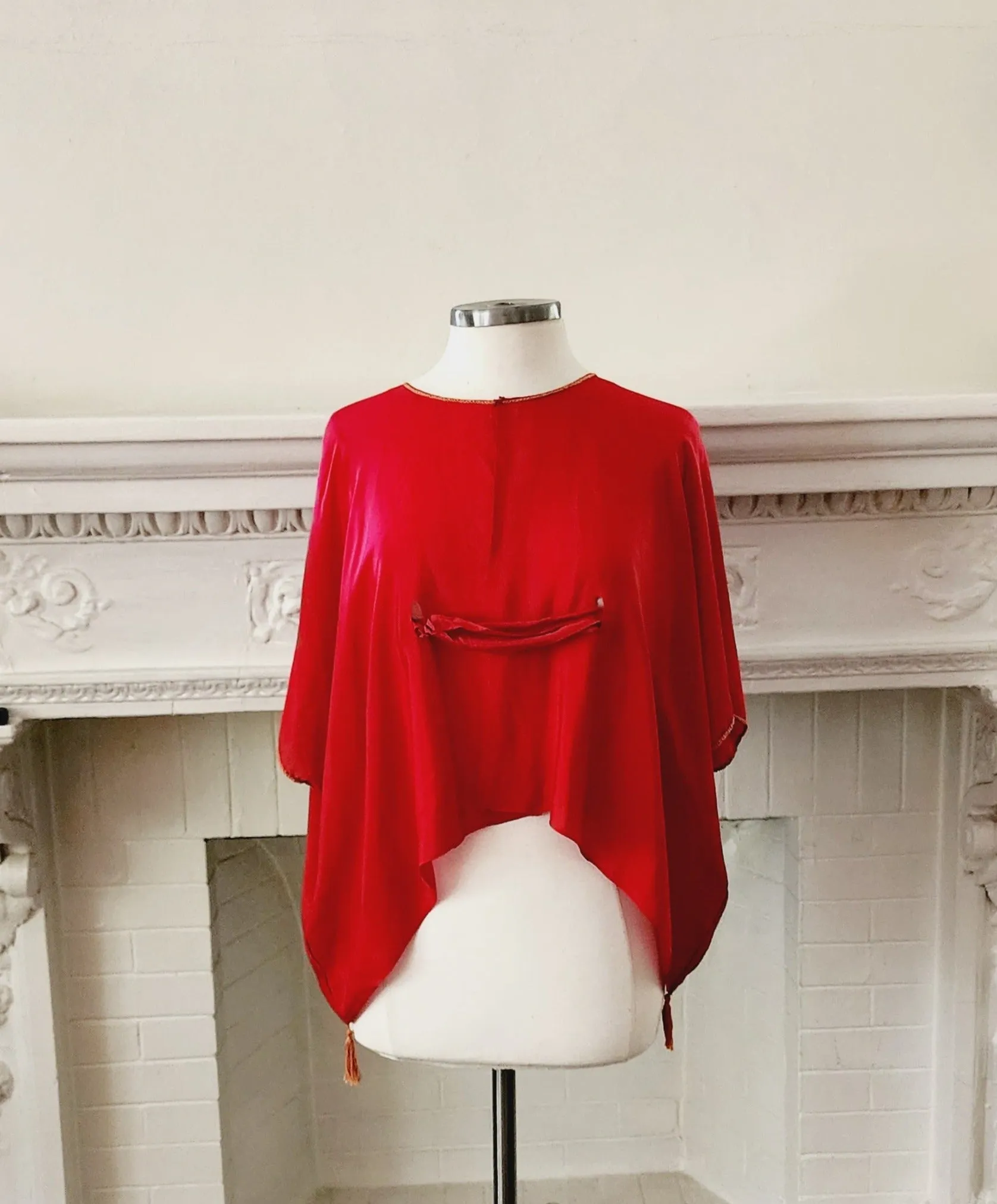 20s Red Silk Blouse Tunic w/Front Belt Sash