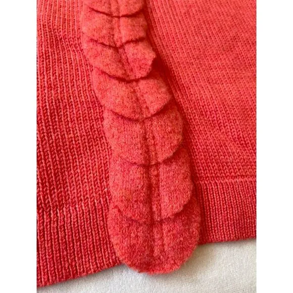 Anthropologie Moth Women's Coral Orange Wool Sweater With Leaf Appliqué Trim Y2K