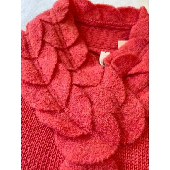 Anthropologie Moth Women's Coral Orange Wool Sweater With Leaf Appliqué Trim Y2K