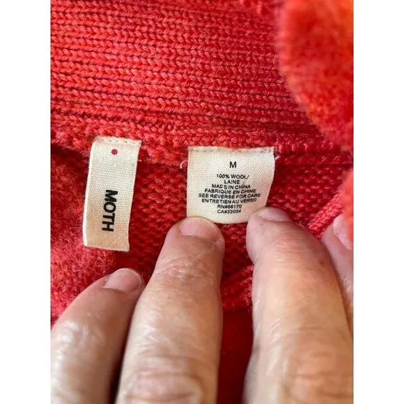 Anthropologie Moth Women's Coral Orange Wool Sweater With Leaf Appliqué Trim Y2K