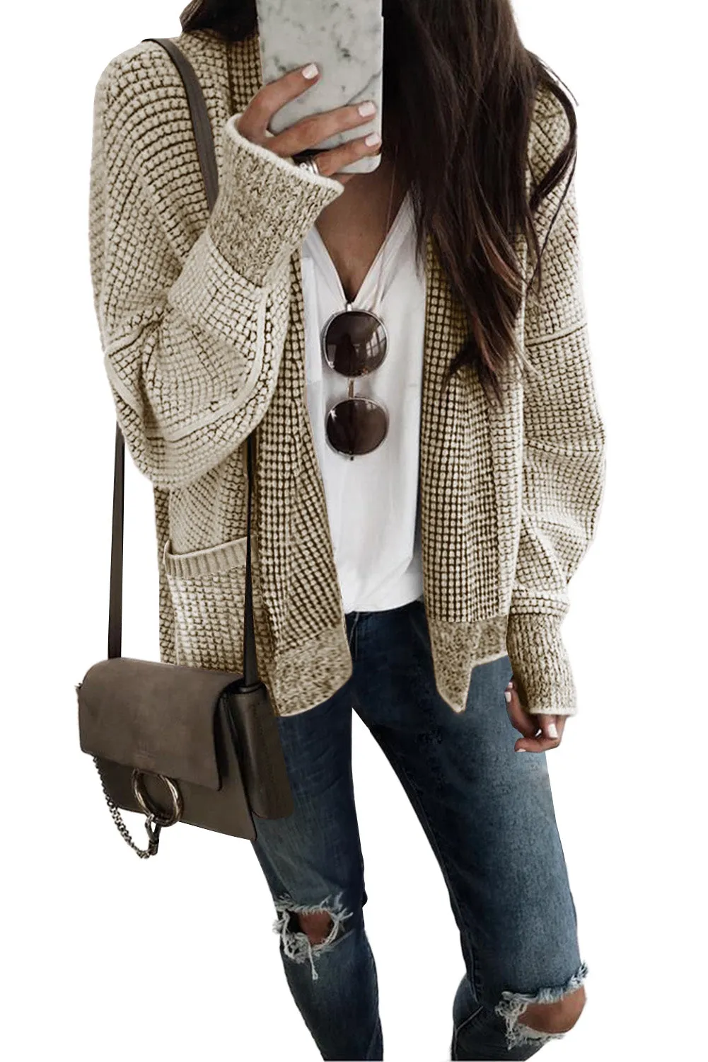 Apricot Chunky Waffle Knit Oversized Collar Cardigan
