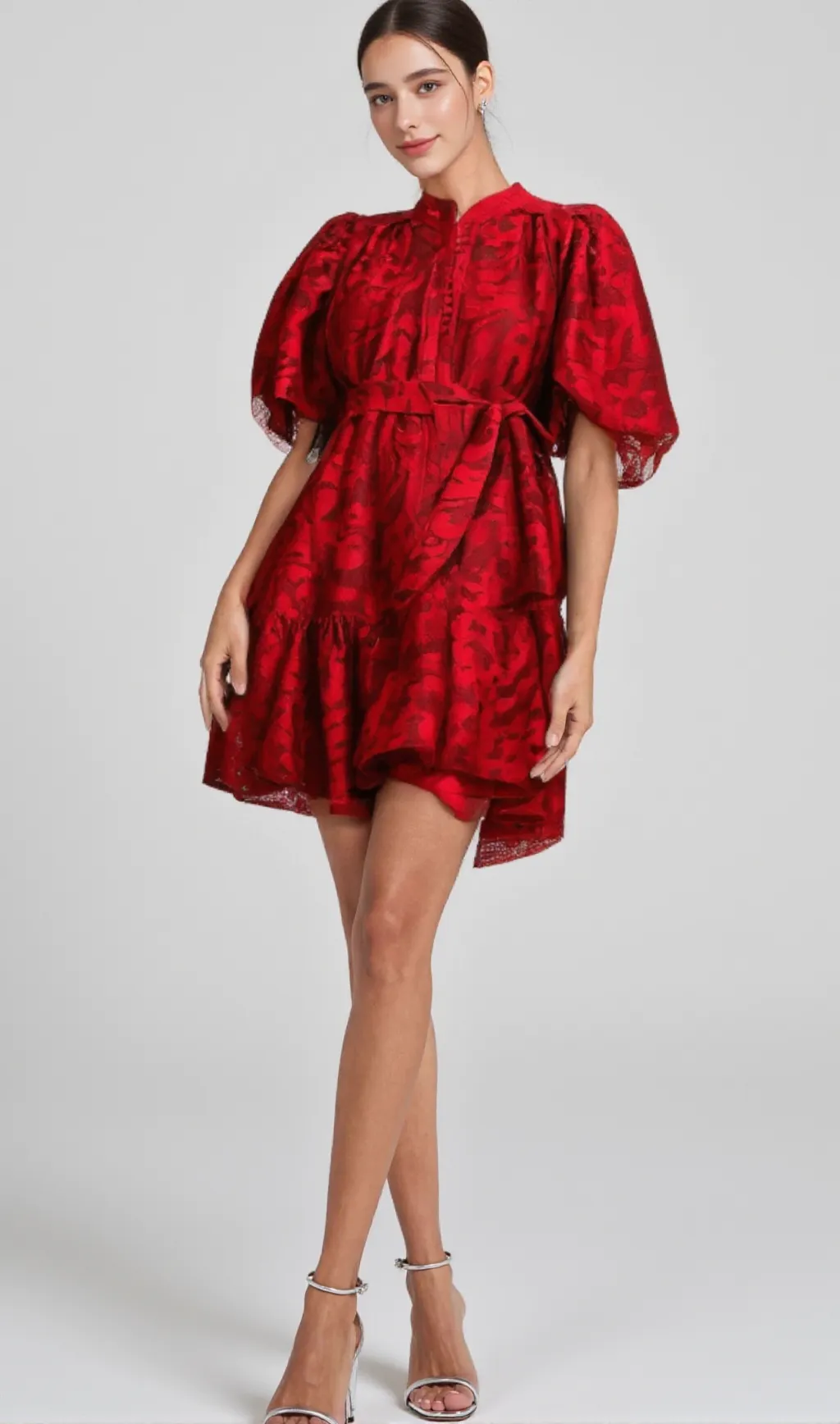 AthÉnaÏs red jacquard semi-sheer mini dress