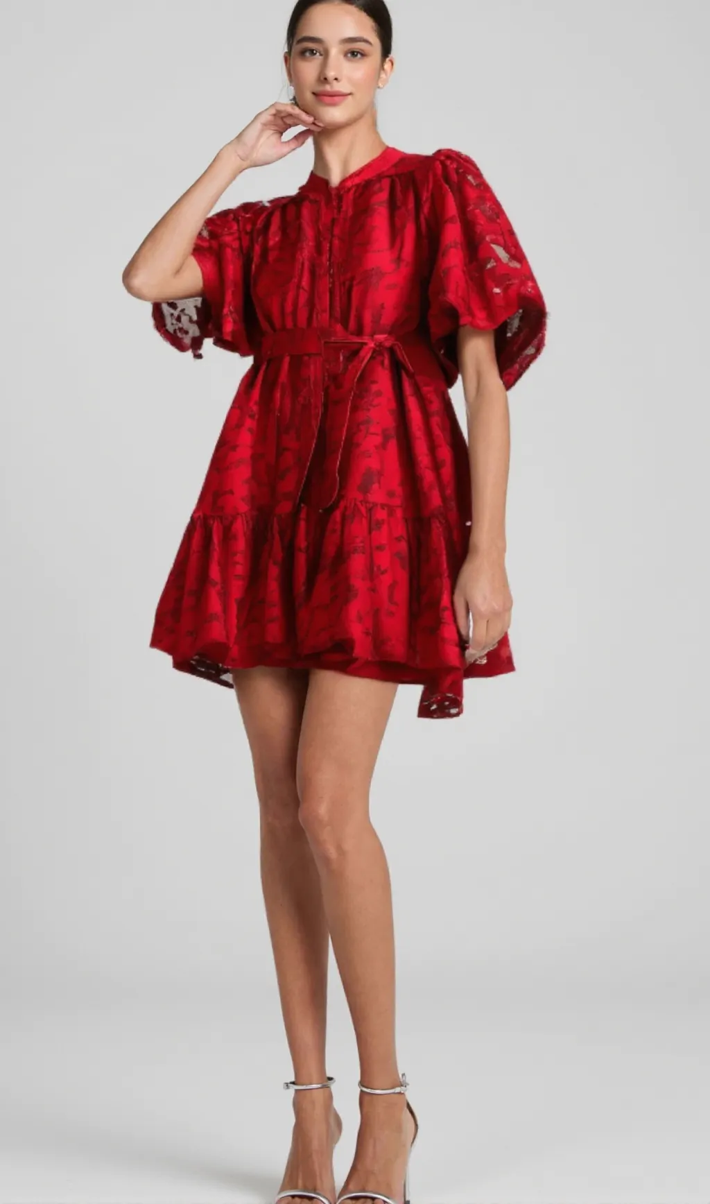 AthÉnaÏs red jacquard semi-sheer mini dress