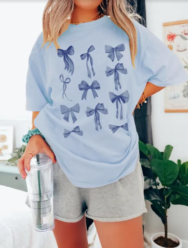 Baby Blue/Pink Bow Design Oversized Cotton Graphic Tees