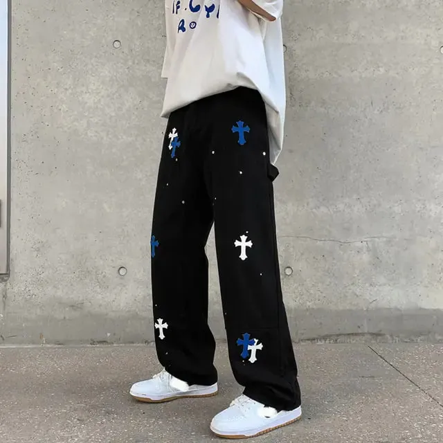 Baggy Cross Printed Denim Pants