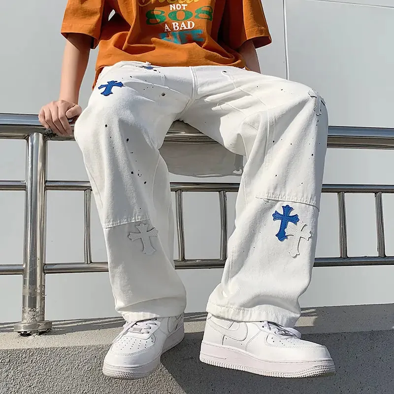 Baggy Cross Printed Denim Pants