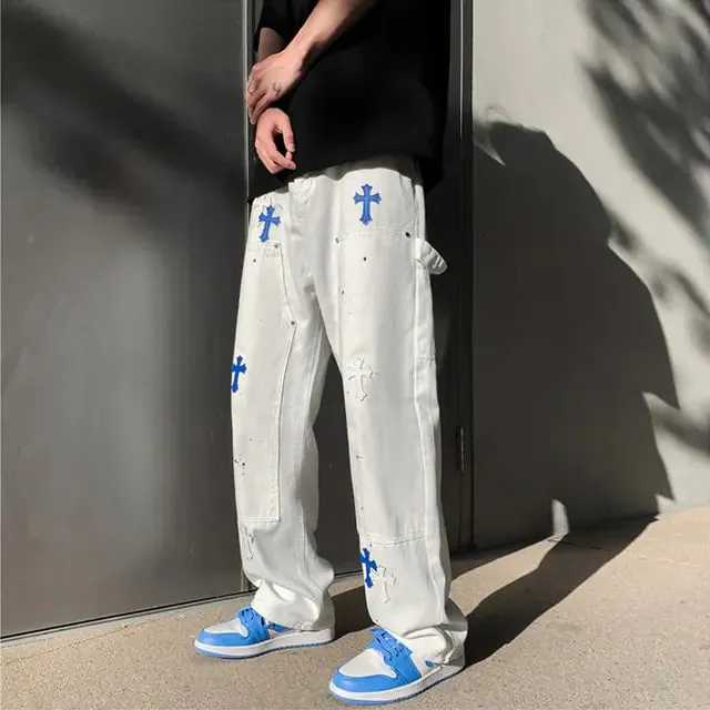 Baggy Cross Printed Denim Pants