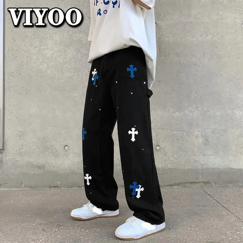 Baggy Cross Printed Denim Pants