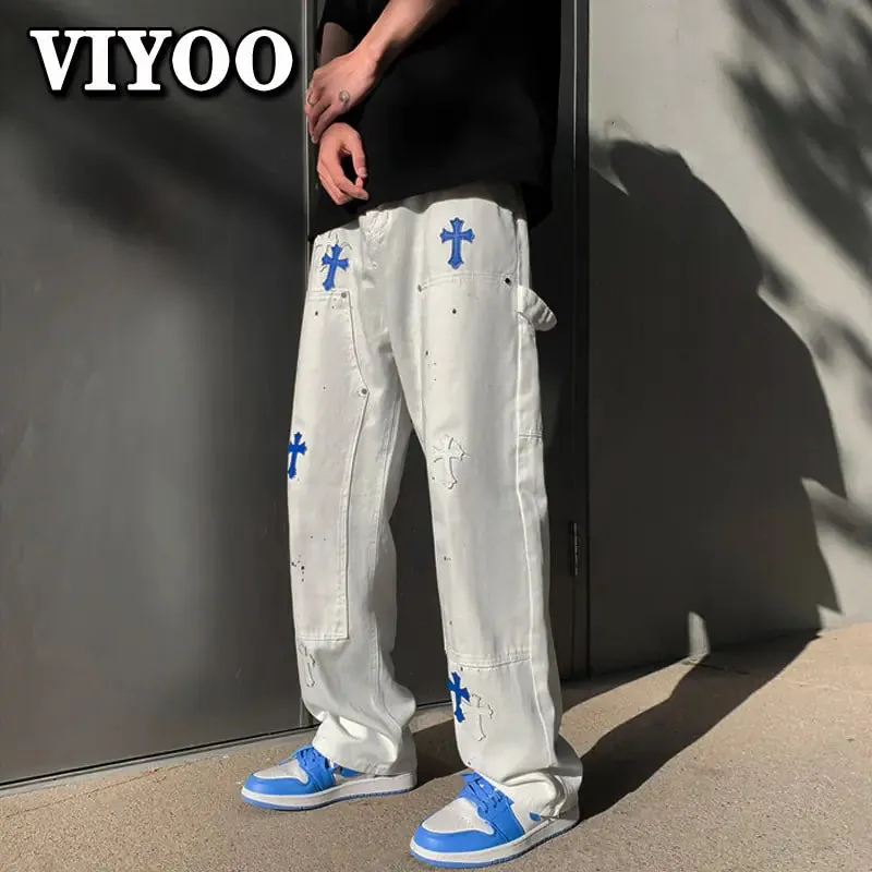 Baggy Cross Printed Denim Pants