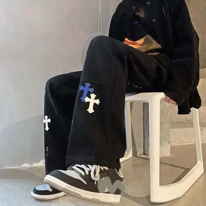 Baggy Cross Printed Denim Pants