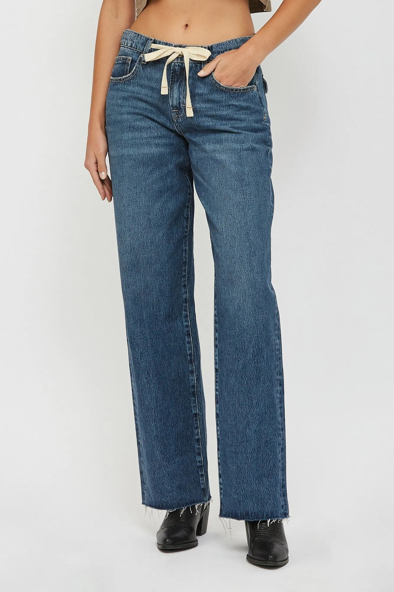 Baggy Jeans with Raw Hem and Waist Tie
