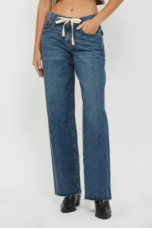 Baggy Jeans with Raw Hem and Waist Tie