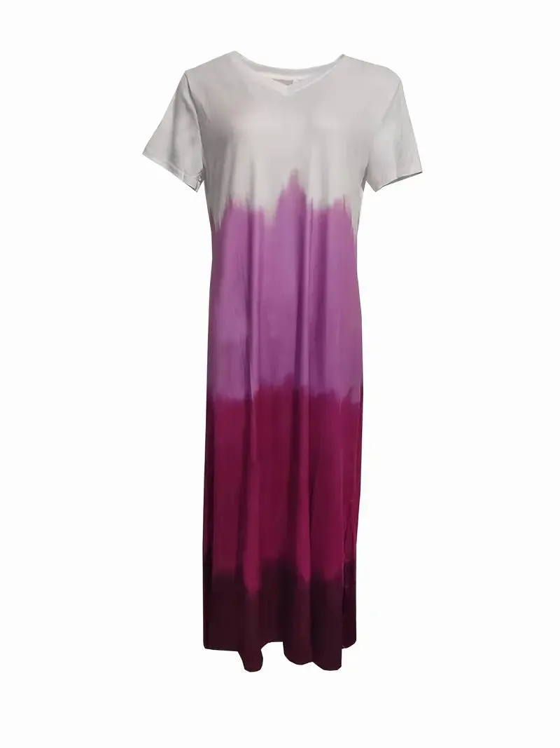 BerryBetty - Gradient Color Side Split V Neck Short Sleeve Maxi Beach Dress