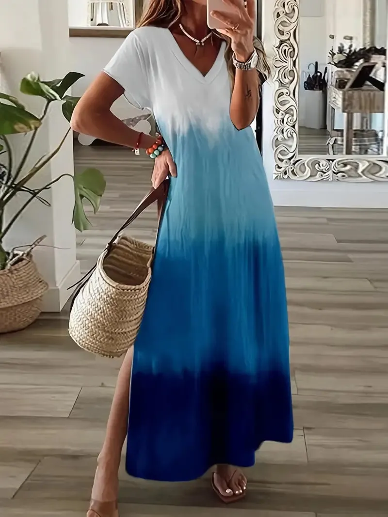 BerryBetty - Gradient Color Side Split V Neck Short Sleeve Maxi Beach Dress