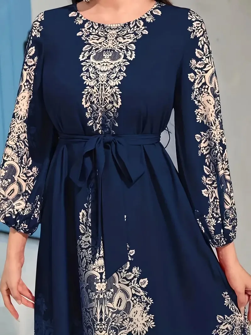 BerryBetty - Graphic Print Tie Waist Kaftan Lantern Sleeve Maxi Dress