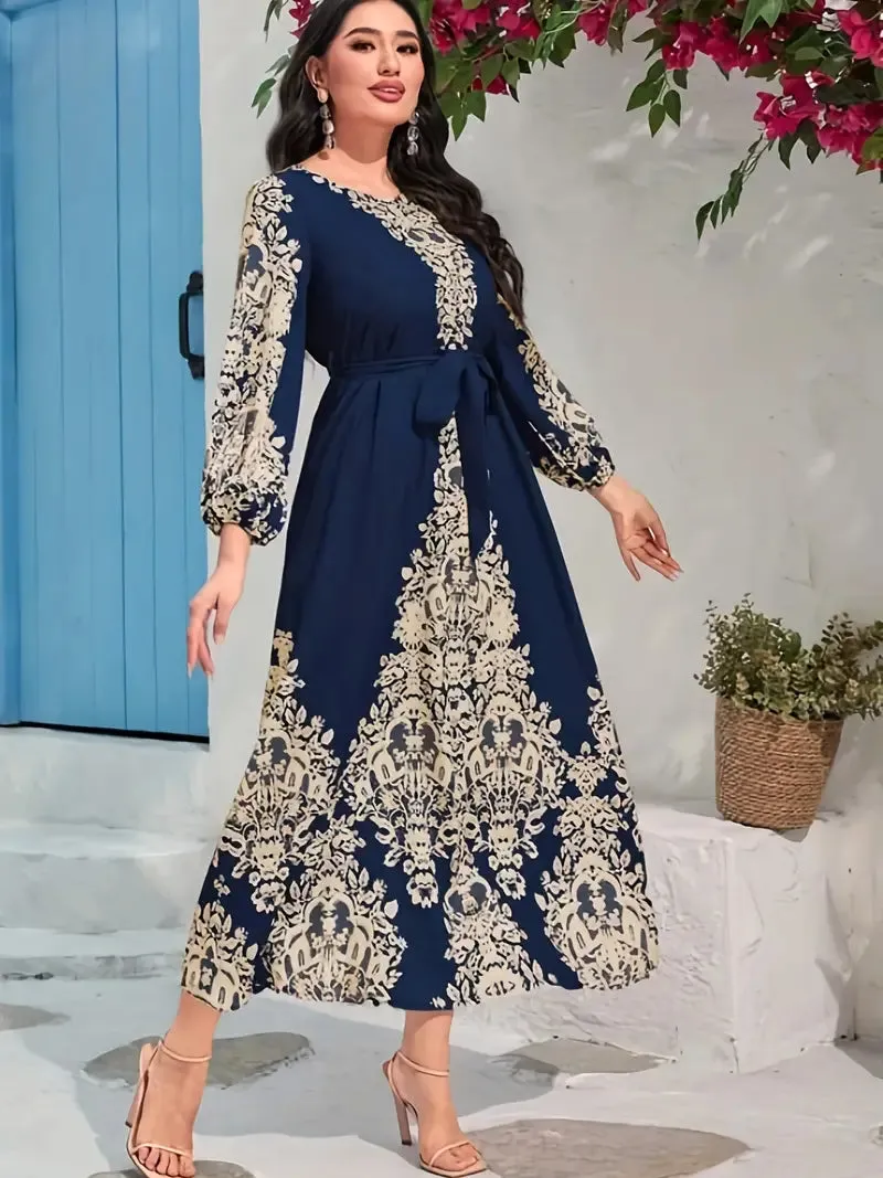 BerryBetty - Graphic Print Tie Waist Kaftan Lantern Sleeve Maxi Dress