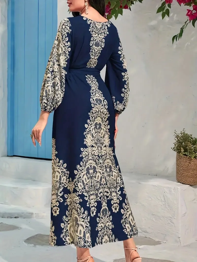 BerryBetty - Graphic Print Tie Waist Kaftan Lantern Sleeve Maxi Dress