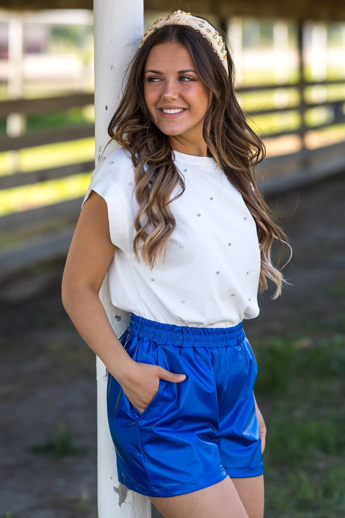 Blue Metallic Elastic Waist Shorts