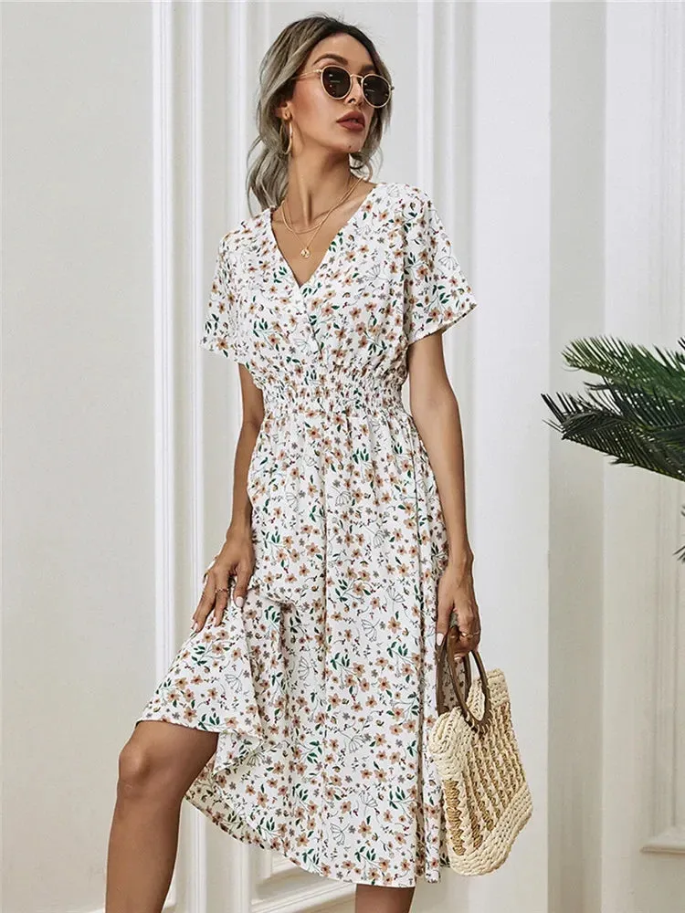 Casual Floral Midi Dress - Short Sleeve