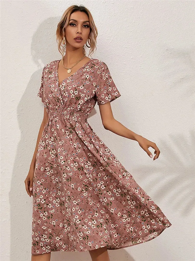 Casual Floral Midi Dress - Short Sleeve