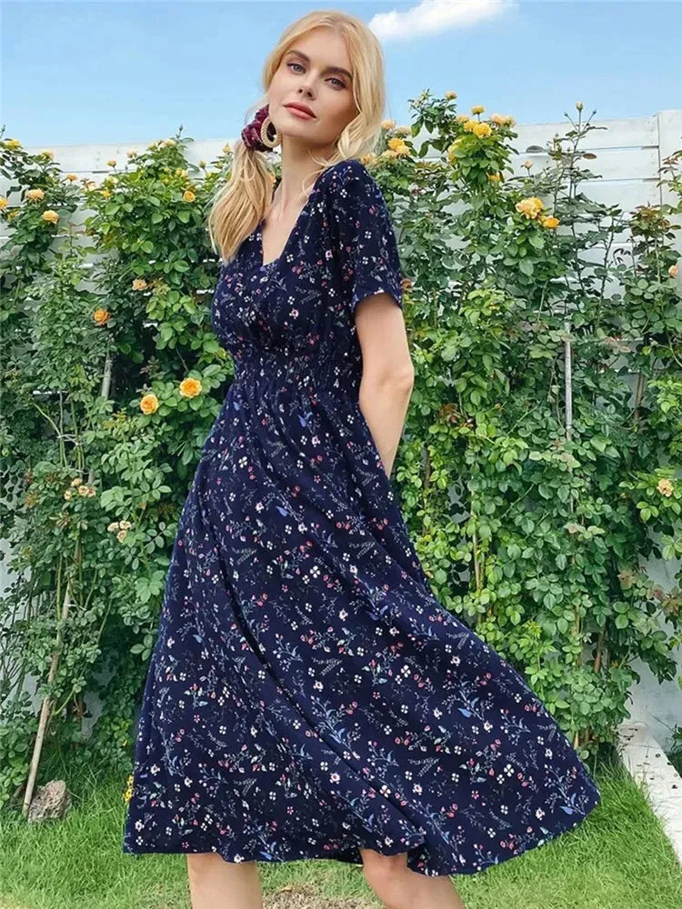 Casual Floral Midi Dress - Short Sleeve