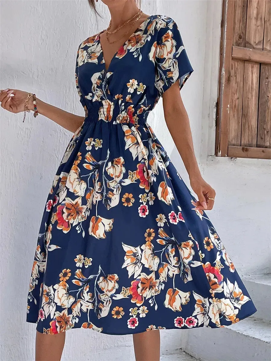 Casual Floral Midi Dress - Short Sleeve