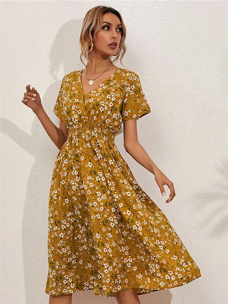 Casual Floral Midi Dress - Short Sleeve
