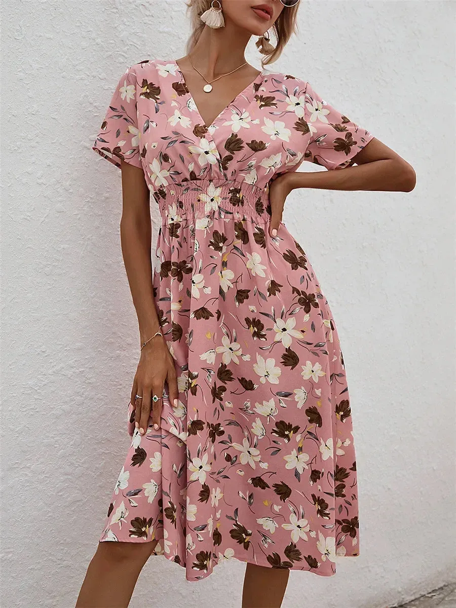 Casual Floral Midi Dress - Short Sleeve