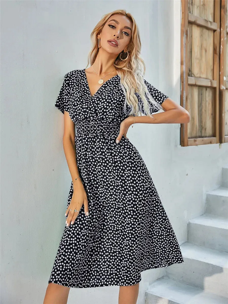 Casual Floral Midi Dress - Short Sleeve