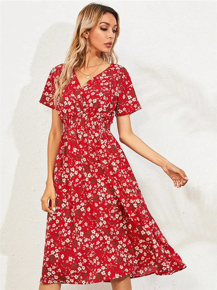 Casual Floral Midi Dress - Short Sleeve