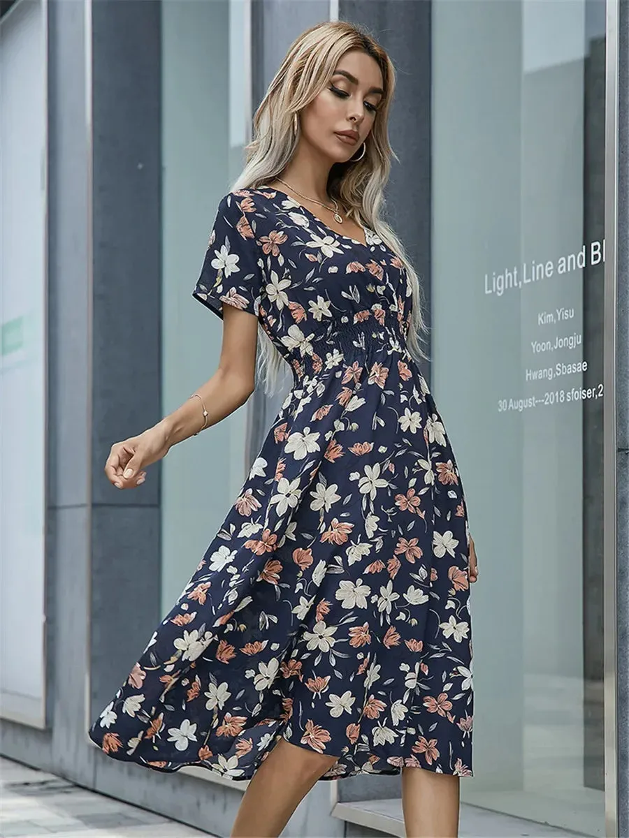 Casual Floral Midi Dress - Short Sleeve