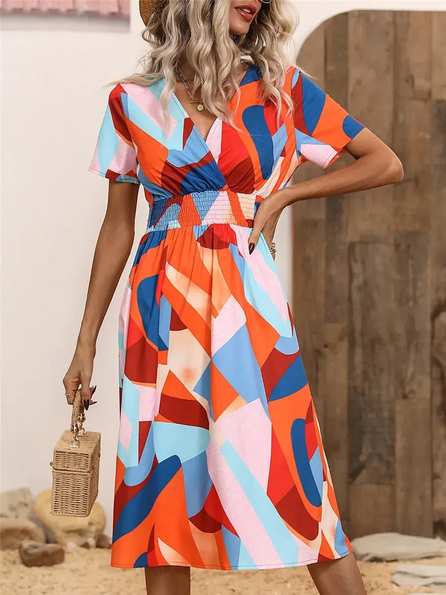 Casual Floral Midi Dress - Short Sleeve