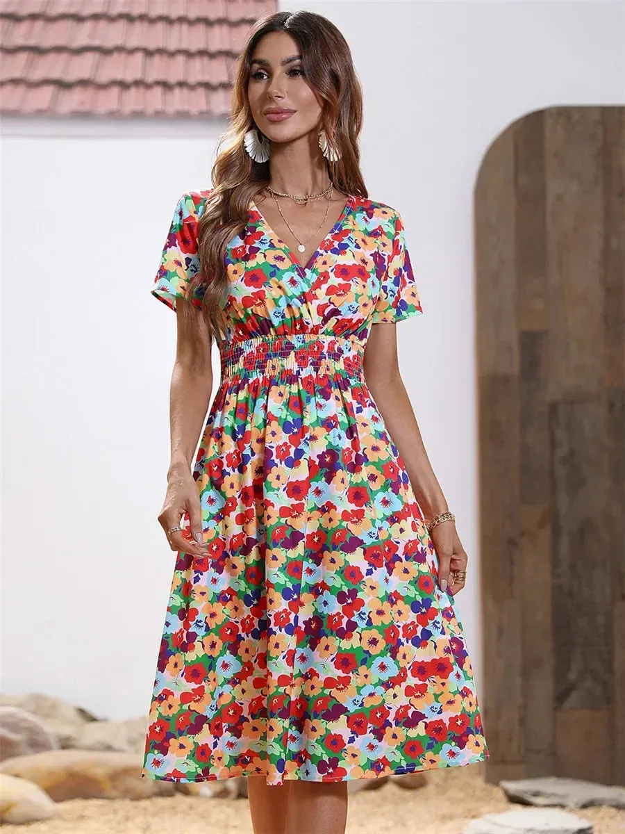 Casual Floral Midi Dress - Short Sleeve