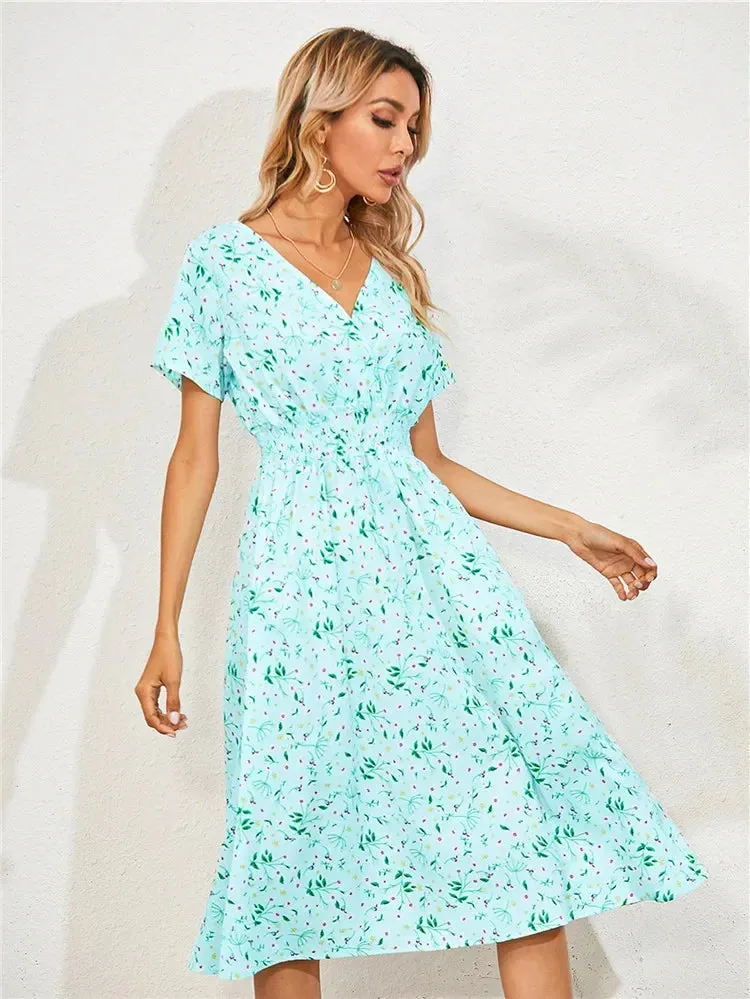 Casual Floral Midi Dress - Short Sleeve