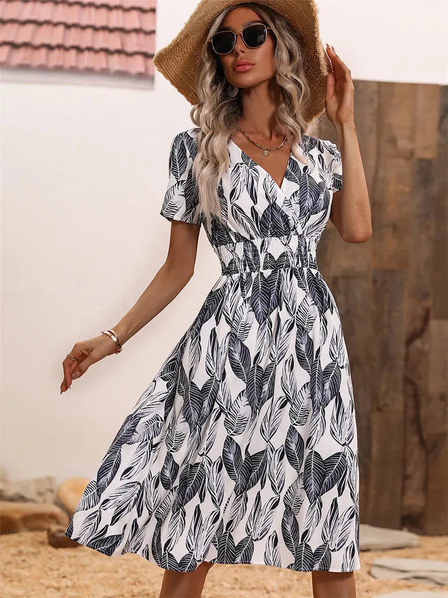 Casual Floral Midi Dress - Short Sleeve