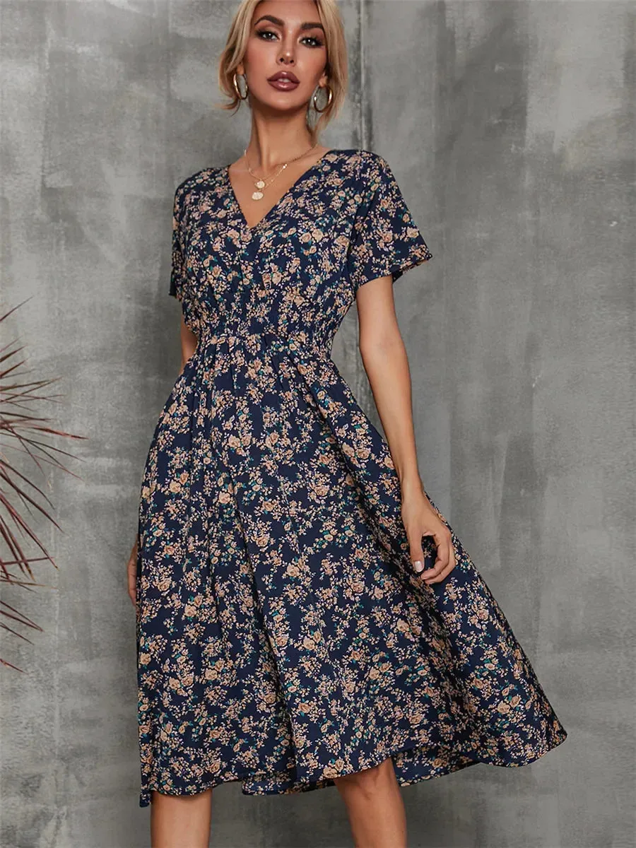 Casual Floral Midi Dress - Short Sleeve