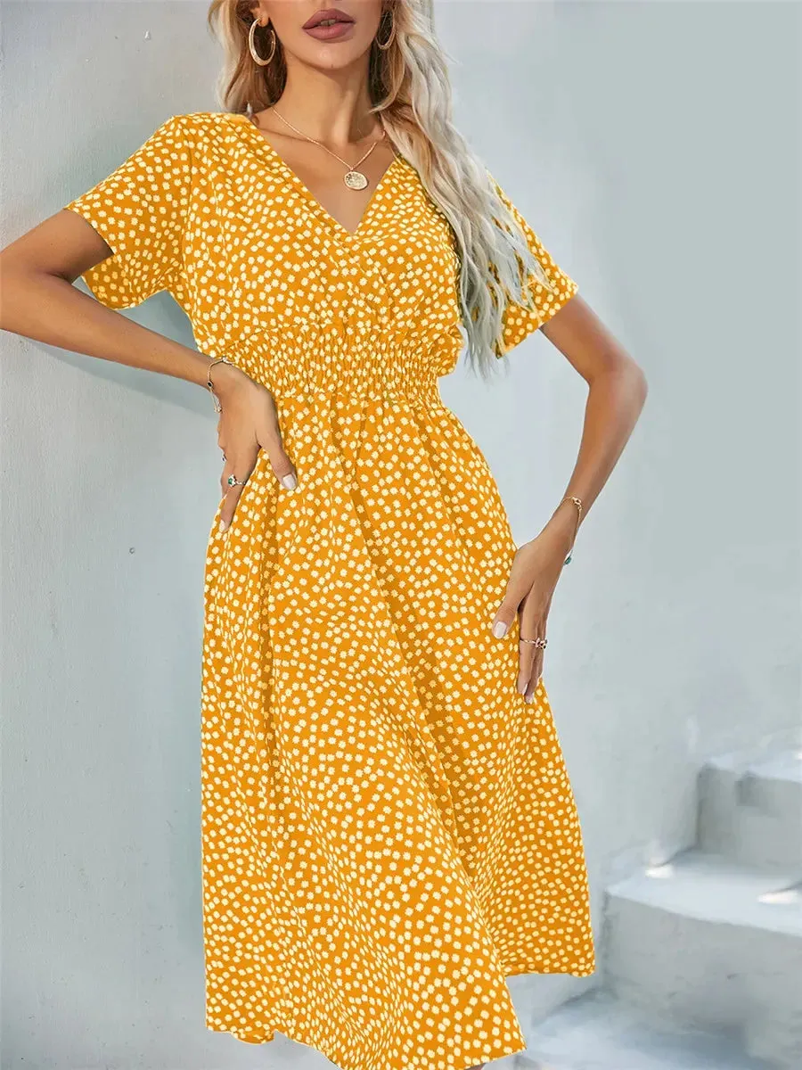 Casual Floral Midi Dress - Short Sleeve