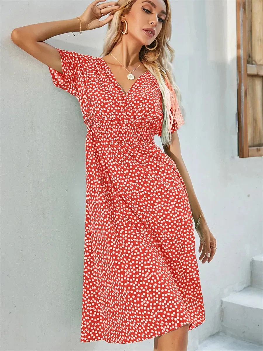 Casual Floral Midi Dress - Short Sleeve