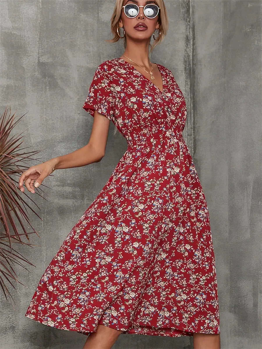 Casual Floral Midi Dress - Short Sleeve