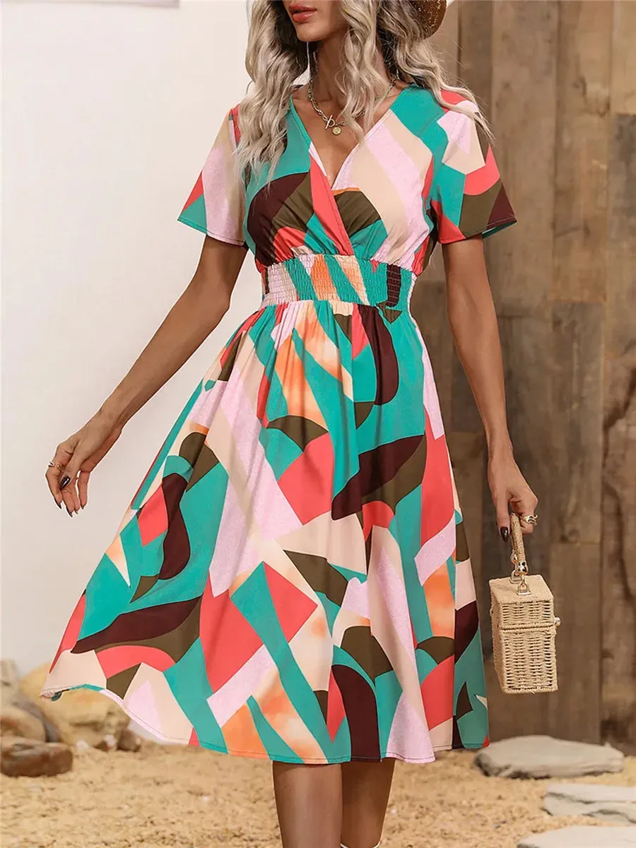 Casual Floral Midi Dress - Short Sleeve