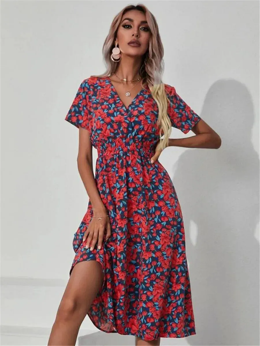 Casual Floral Midi Dress - Short Sleeve