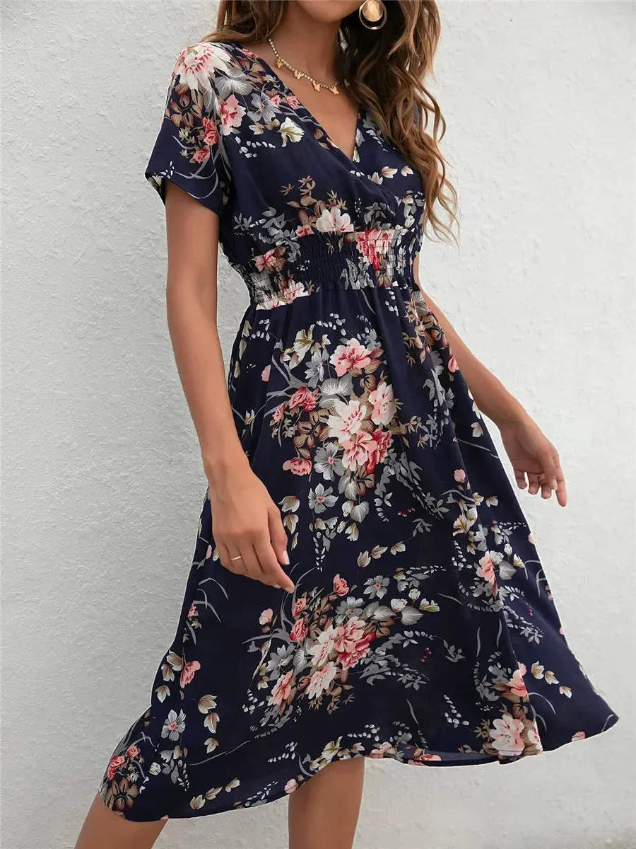 Casual Floral Midi Dress - Short Sleeve